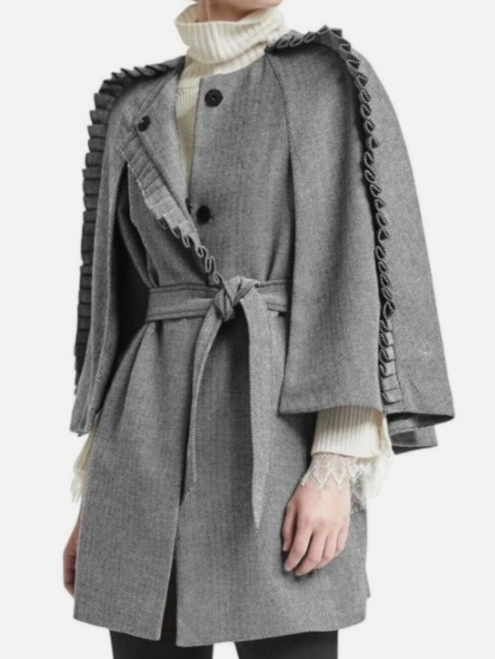 Banana Republic x Olivia Palermo Wool Herringbone Ruffle Cape Coat Belted sz M
